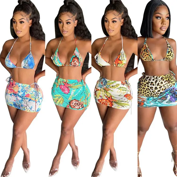 

MOEN Good Quality Summer Cool Sexy Printed Mini Skirt Set Bra Tops Women Pleated Tropical Printing 2 Piece Skirt Sets