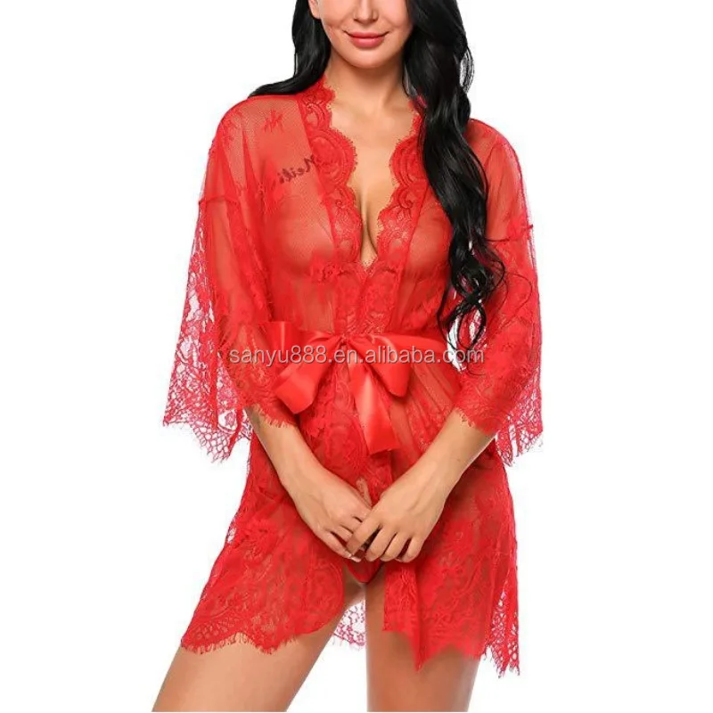 Women Lingerie Robe Long Sheer Kimono Robe with Fur See Through Nightgown Sleepwear Nightdress Cover Up Plus Size 
