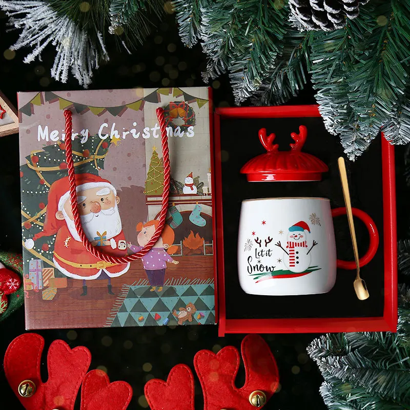 

New style christmas mugs gift boxed lid and spoon christmas mugs ceramic