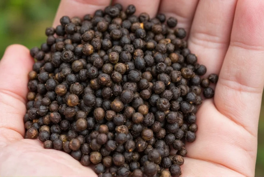 Close-up of black pepper corns being sorted by hand on traditional bamboo mat in Southeast Asian processing facility