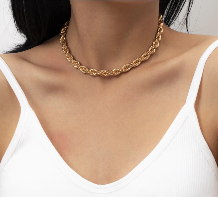 

Wholesale 8mm Thick Chunky Choker Chain Woman Jewelry 18K Gold Plated Stainless Steel Twisted Rope Link Chain Necklace