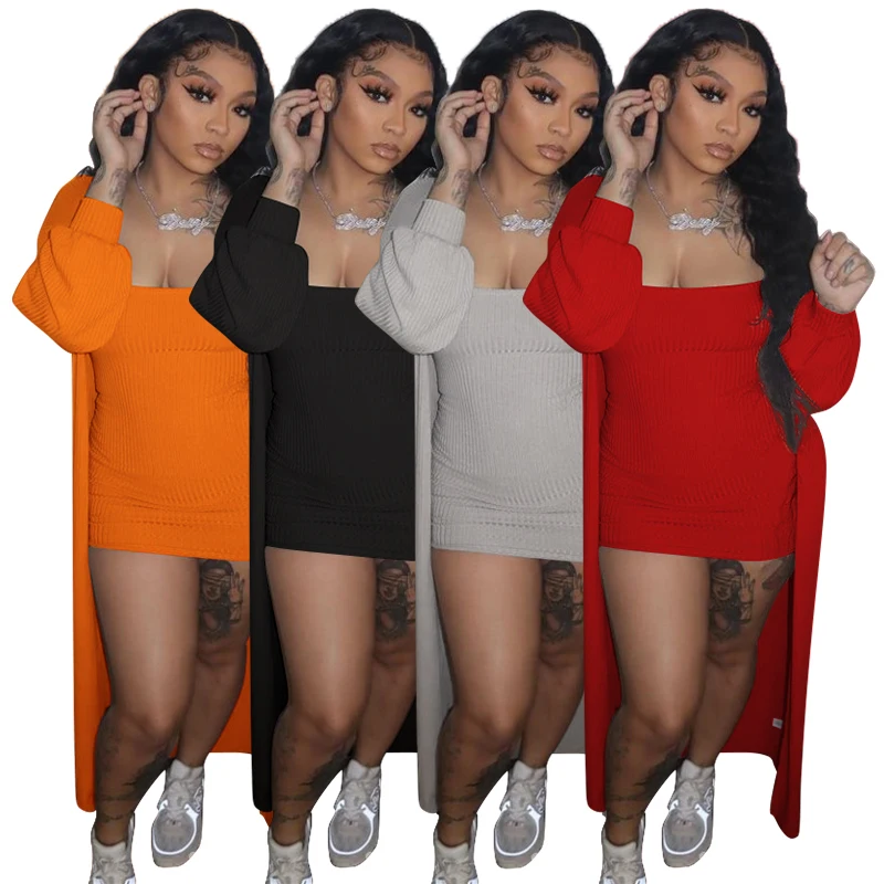 

Loose Knit Cardigan Tight Dresses Set 2 Pieces Set Causal Plus Size Women Clothing Set, 4 colors