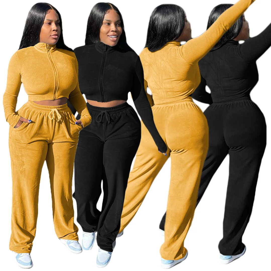 

In Stock Thick Fleece 2 Pcs Outfit Joggers Suit Sportswear Cotton Two Piece Pants Set For Ladies