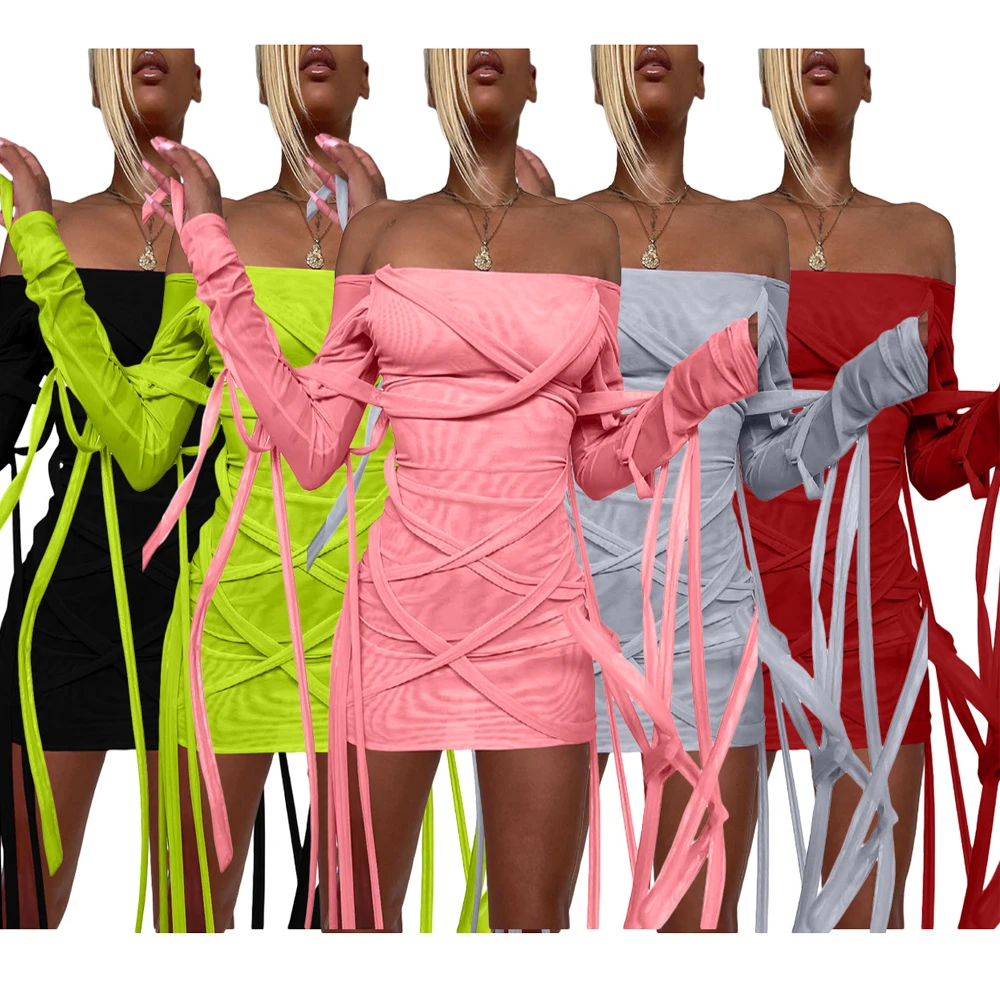 

2021 New Fashion Sexy Mesh Bandage Translucence Off The Shoulder Women Bodycon Mini Dress, 2colors