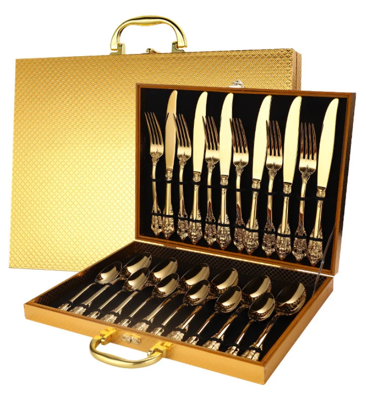 

Wholesale Royal 16/24 pcs Dinner Tableware Wedding Gold Wooden box Set Gold gift fork spoon knife Stainless Steel Cutlery set