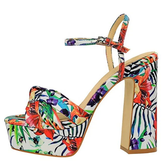 

Women Colorful Flower Print High Platform Sandals Chunky High Heel Pumps Shoes Peep toe Bowtie Heels, Black white green