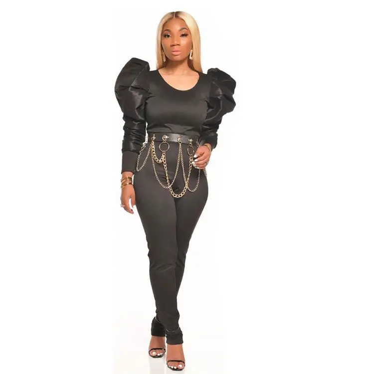 

Fast shipping fall elegant long puff sleeve outfits women two piece pants set