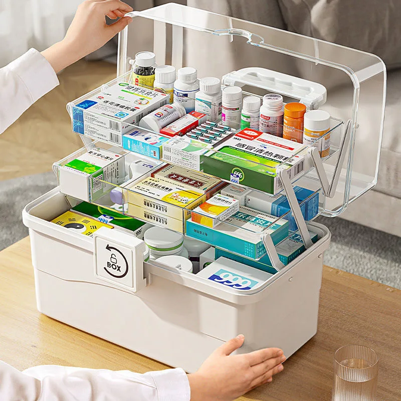 Large Size Portable Emergency Medical Kit Square Multi-Layer Modern Durable PP Household Medicine Storage Box for Families