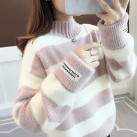 

Wholesale new arrival korea style high neck winter thick stripe women sweater