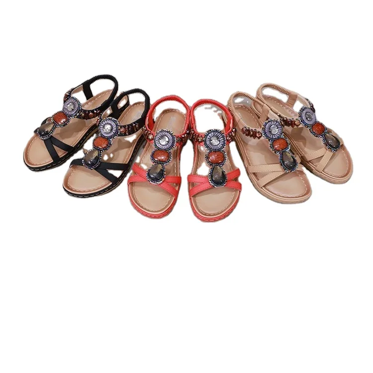 

2021 New ethnic wind sandals travel beach bohemian retro beaded large size flat shoes women's sandals, 4 colors