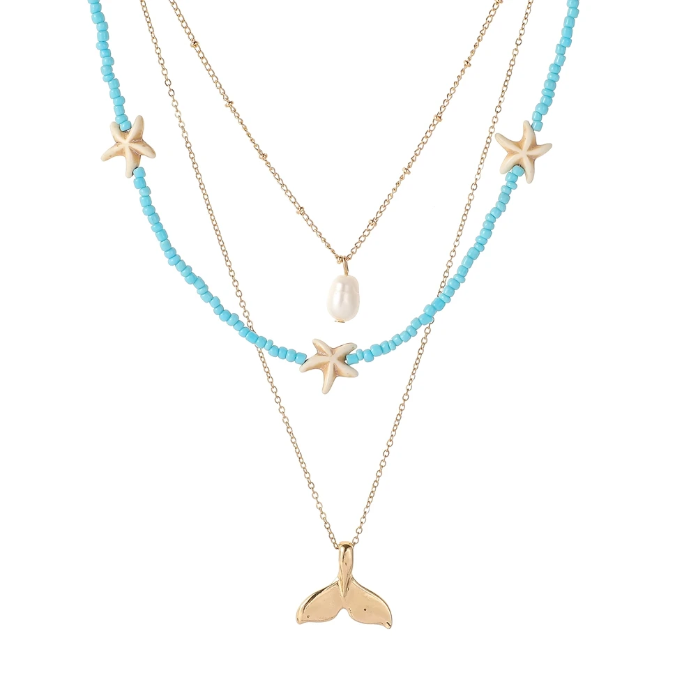 

Cross Border Hot Selling Lovely Starfish Millet Bead Fishtail Girl Pearl Necklace, Gold color