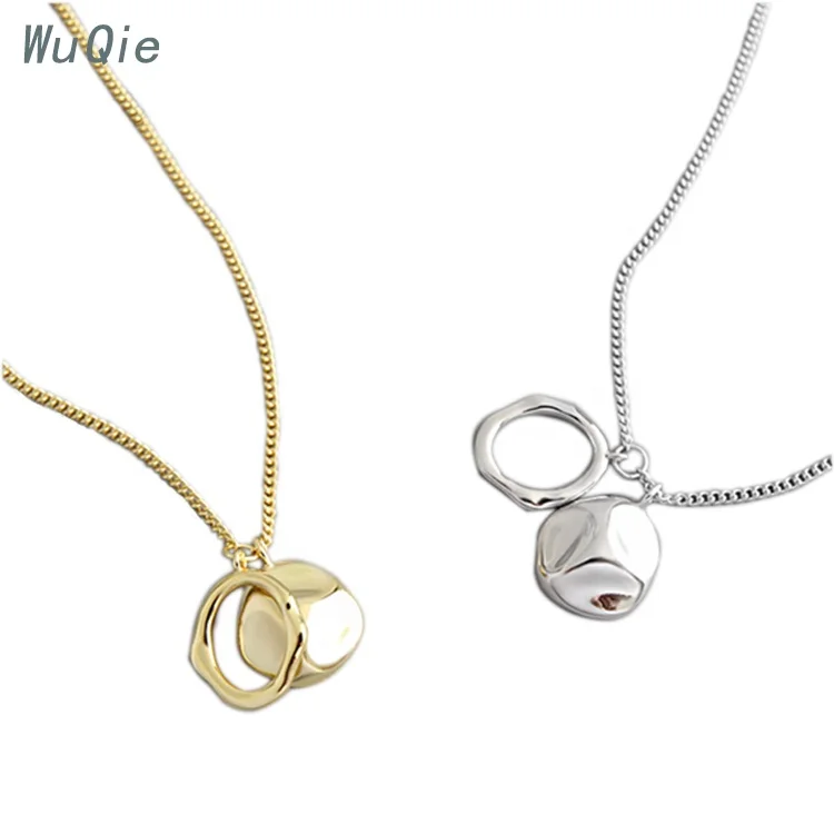 Wuqie S925 Sterling Silver Choker Gold Plated Irregular Round Chain Geometric Ring Pendant Necklace