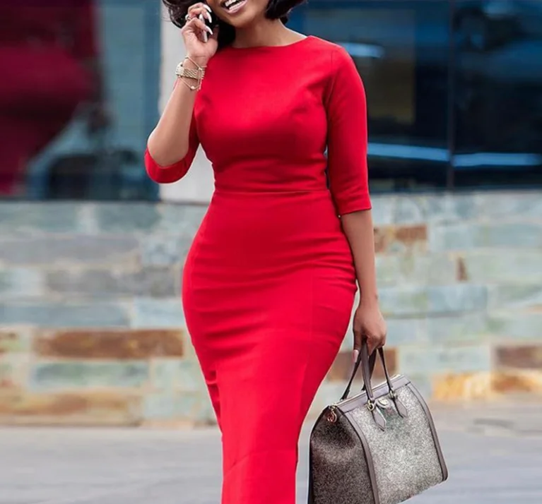 

African Women's 2019 fall/winter amazon express Europe and the United States new red basic tight dress, Picture or customized