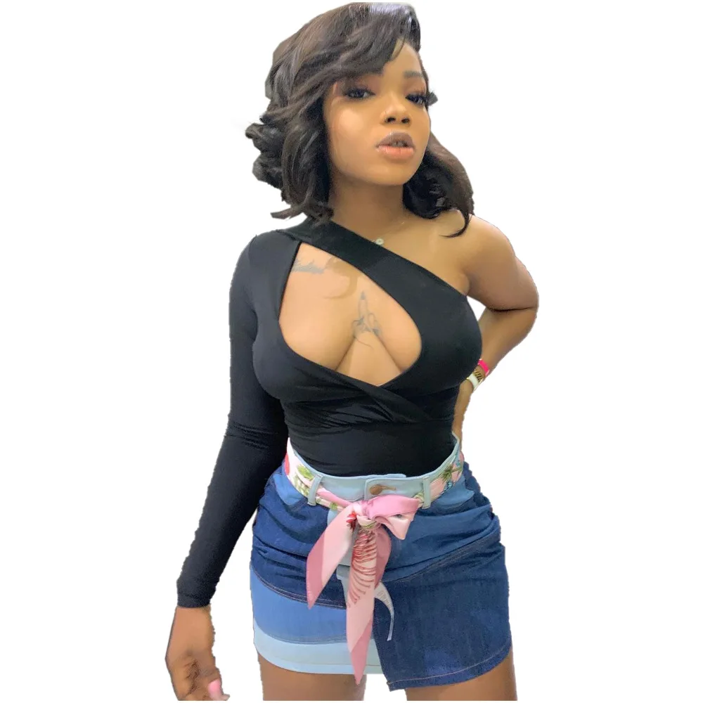 

B54646A Western women sexy hot sale one shoulder fashion t-shirt, Black