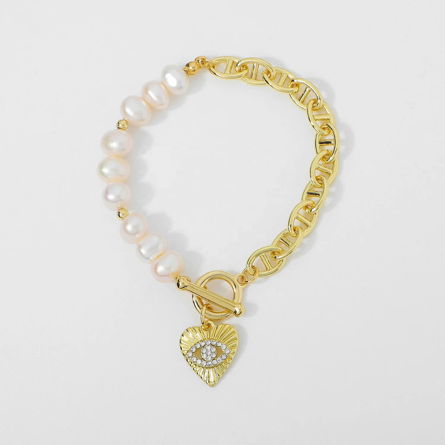 

Bling Zircon Eye Heart Pendant Bracelet 14K Real Gold Plated Mariner Anchor Link Chain Baroque White Freshwater Pearl Bracelets