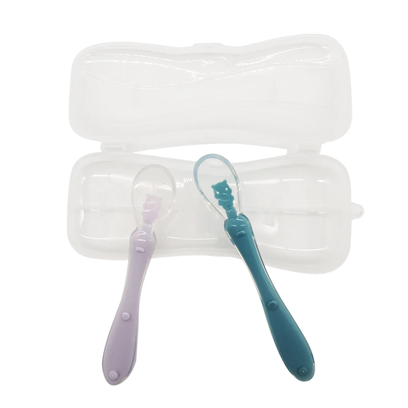 

cuchara de bebe BPA free 2 as 1 set color toddler newborn feeder feeding silicone training silicon baby spoon with box