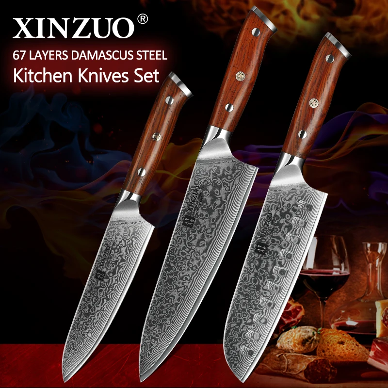 

3pcs Kitchen knife Japanese high carbon Damascus stainless steel kitchen chef knife set with rosewood handle