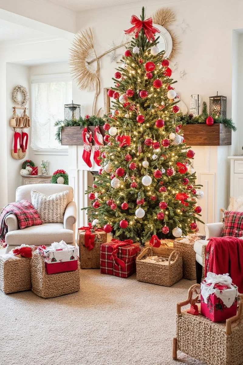 Family gathered around a beautifully decorated Christmas tree.