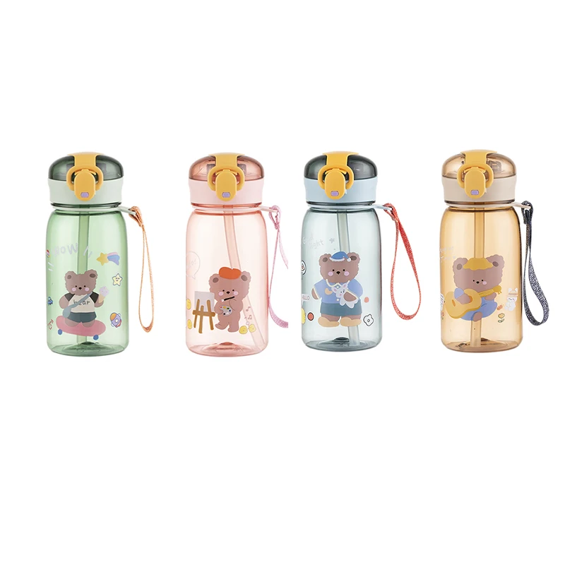 

400ML Cute Cartoon Kids Drinking Cup Student Plastic Sport Portable Water Bottle Children Customized Straw Cup With Strap, Green/pink/brown/blue