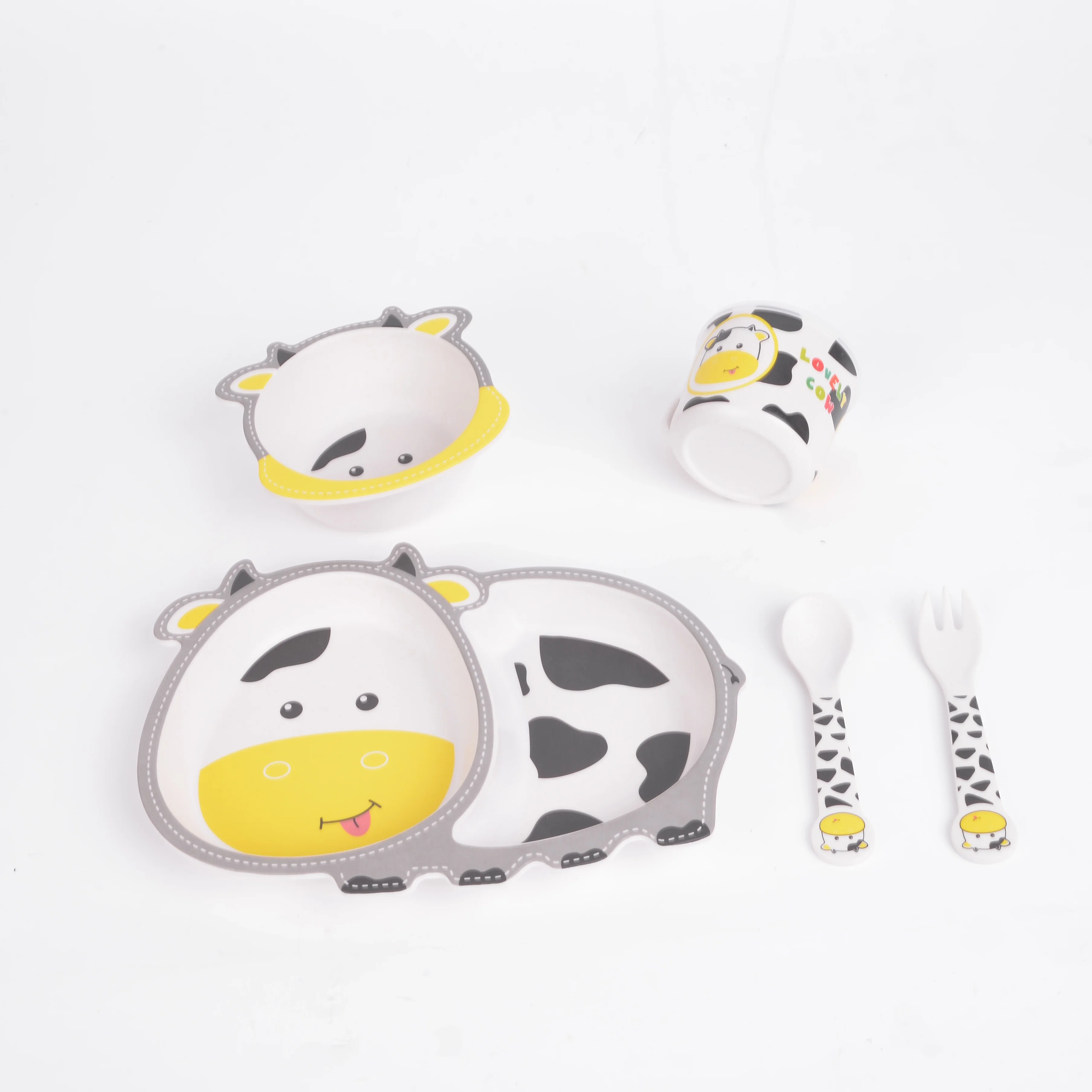 

Royalunion 5pcs cute Cartoon Animal Healthy Bamboo Fibre Dinner kids baby Children Tableware Set, Customized color