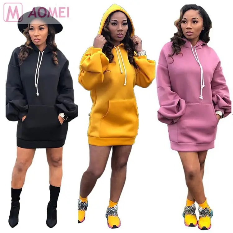 A1033 new autumn new solid color hooded Lantern long sleeve women fashion casual fall short hoodie dress dresses women casual