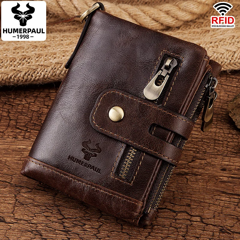
HUMERPAUL 2020 RFID Genuine Cowhide Leather Luxury Purse Casual Small Mini Leather Wallets Vintage Gents Mens Slim Wallet 