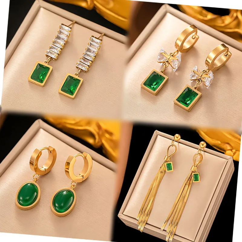 

New Emerald Zircon Stainless Steel Pendant Earrings Vintage Diamond Studs Earring For Women's Party Jewelry Set