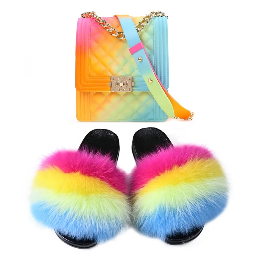 

Mini Handbag and fur slippers fashion raccoon fur slippers home going out beach slippers