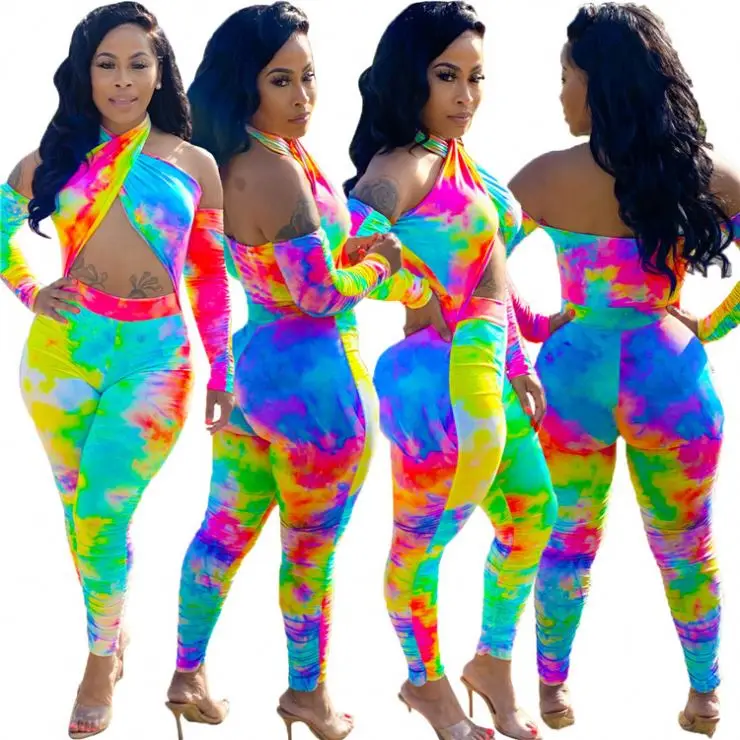 

0820M113 Hot Sell Tie Dye Hollow Out Women's Full Length Bodysuits Bodycon Ladies One Piece Jump Suit