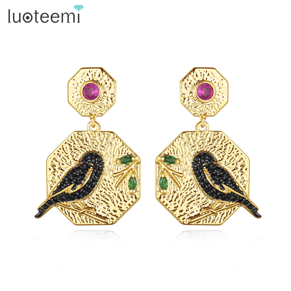 

LUOTEEMI African Vintage Gold Color Fall Earrings Women Jewelry Bird Colorful Zircon Drop Earrings