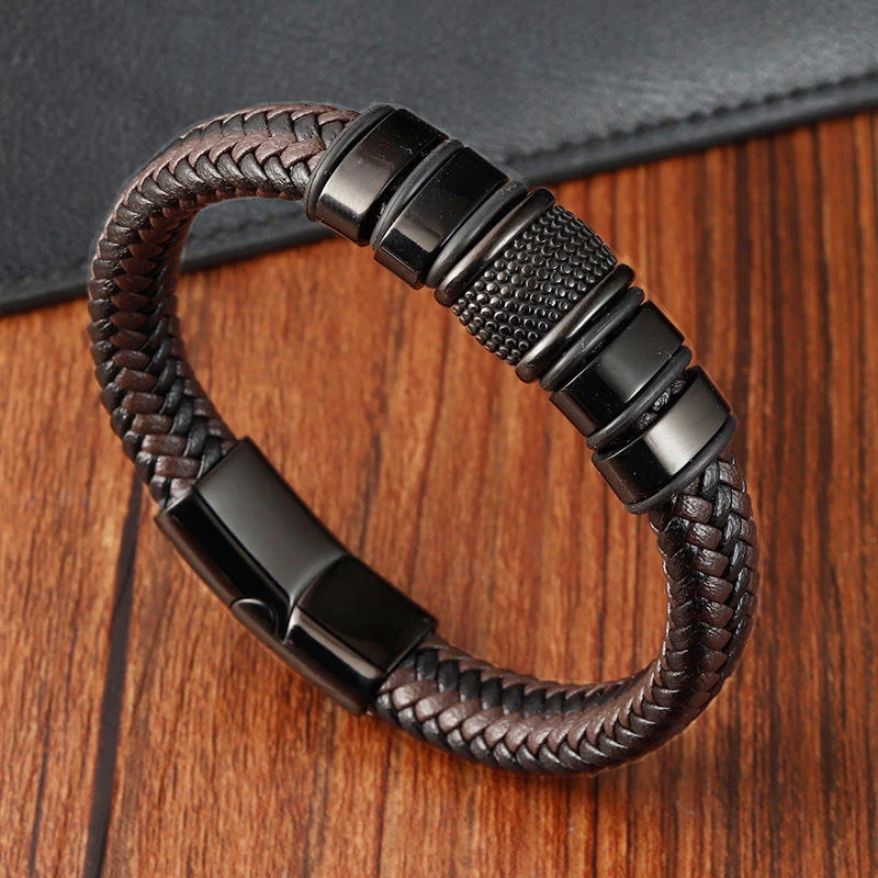 

Engraved Men's Genuine Leather Hand Jewelry Vintage Handmade Braided Leather Bracelet Magnetic Clasp Leather Bracelet