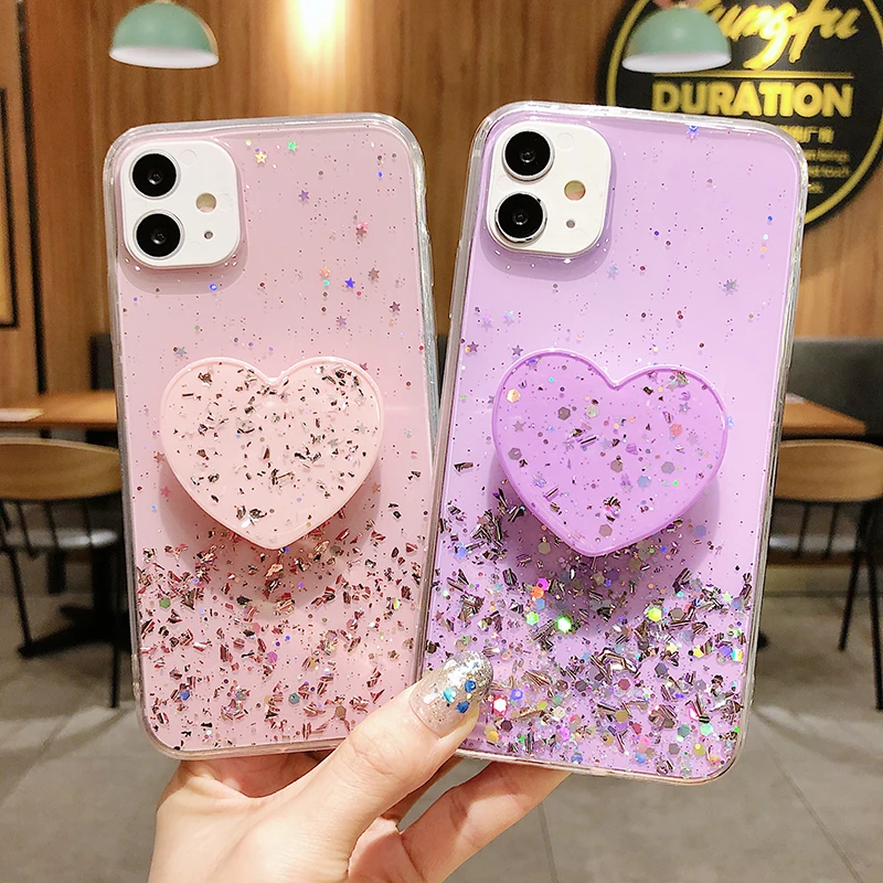 

HOCAYU Glitter Crystal Phone Case for Iphone 12 Pro Max, Heart Holder Epoxy Cover Coque for Iphone Xr X XS 7 8 Plus 12 SE 2020