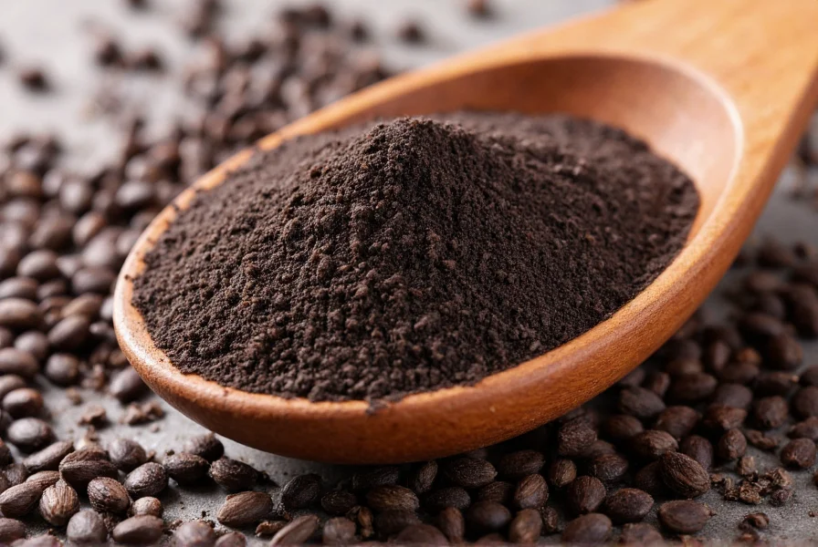 Close-up view of black cumin powder in a wooden spoon with whole black cumin seeds scattered around