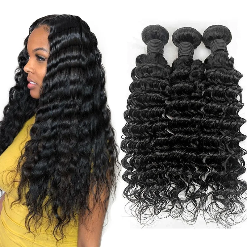 

Lace Frontal Closure With Bundles 9A Brazilian Virgin Hair Deep Wave With Closure Mink Brazilian Hair Weave Bundle With Closures, Natural black/ #1b color