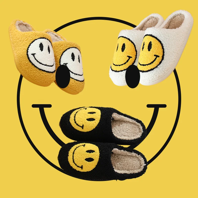 

Wholesale Smile Face Plush Ladies Home House Bedroom Indoor Men's Winter Slip On Fluffy Fashion Fur Smiley Women'S Slippers