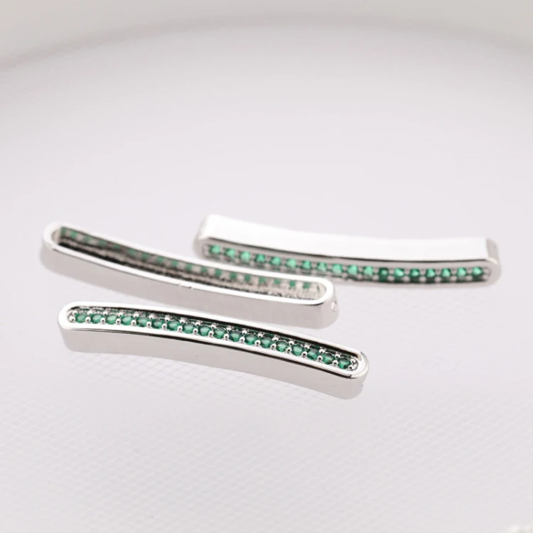 

925 Silver Plated Emerald Zircon Micro Pave Curved Copper Tube Pendant for Jewelry Making