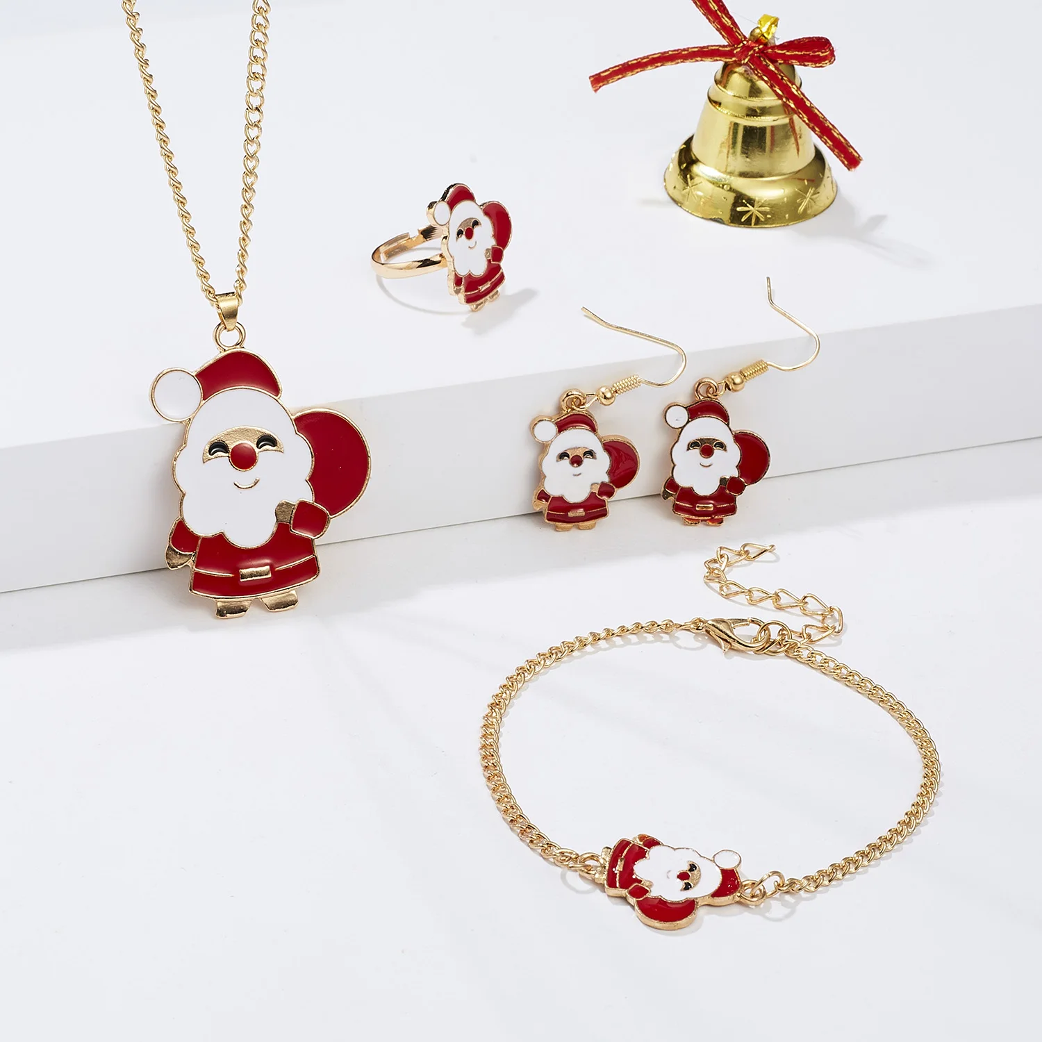 

4pcs/set Christmas Bells ELK Snowman Painting Oil Bracelet Ring Necklace And Earrings Set Alloy Christmas Jewelry Set