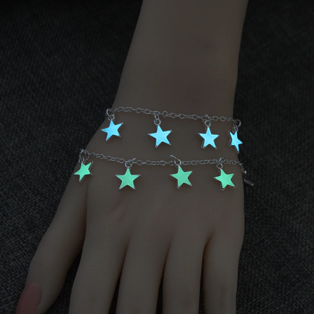 

Glow In The Dark Chic Stars Charm Glowing Bracelet Luminous Bangle Women Jewelry Noctilucence Silver Bracelets Halloween Gifts