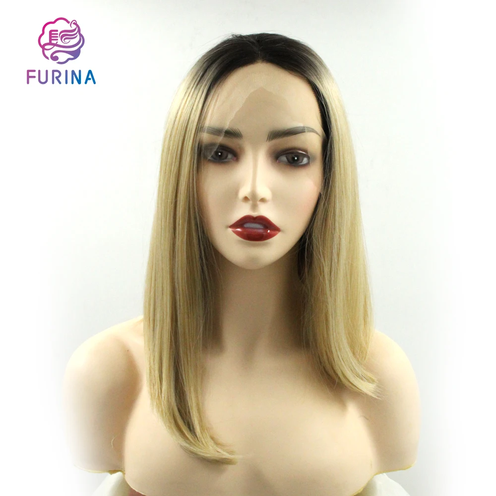 

Wholesale heat resistant ombre short silky straight wig middle part synthetic hair bob lace front wig