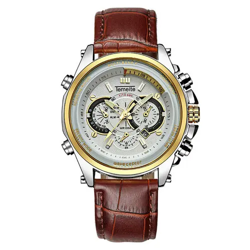 

TEMEITE Sports Casual Quartz Watch Men Brown Leather Strap Sub-dials Decoration Luminous Hands Fashion Calendar Wrist Watches
