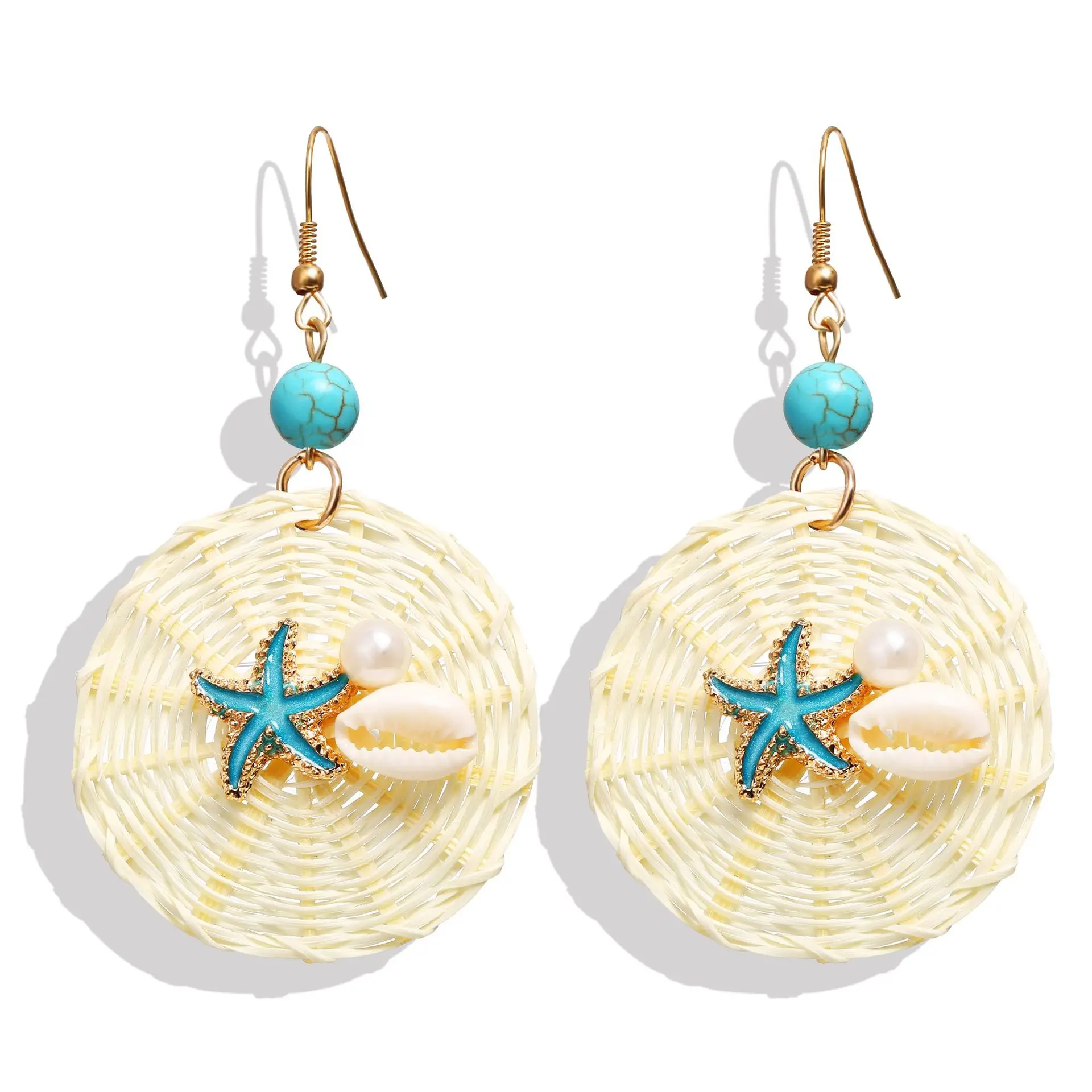 Summer Bohemian Blue Turquoise Starfish Sea Shell Earrings Handmade Beige Round Rattan Hook Earrings