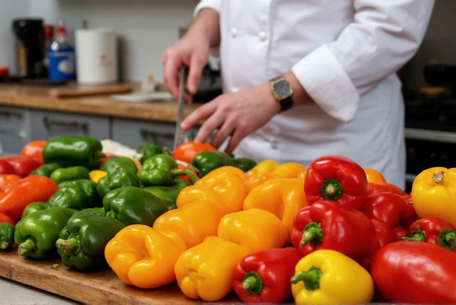 Chef preparing various peppers in a professional kitchen setting with different colored bell peppers and chili varieties