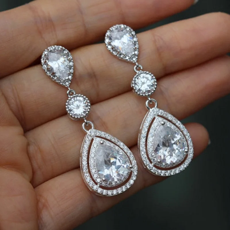 

Luxury Silver Color Bride Wedding Dangle Earrings with Brilliant Cubic Zircon Elegant Women Accessories Fashion Jewelry, Picture shows