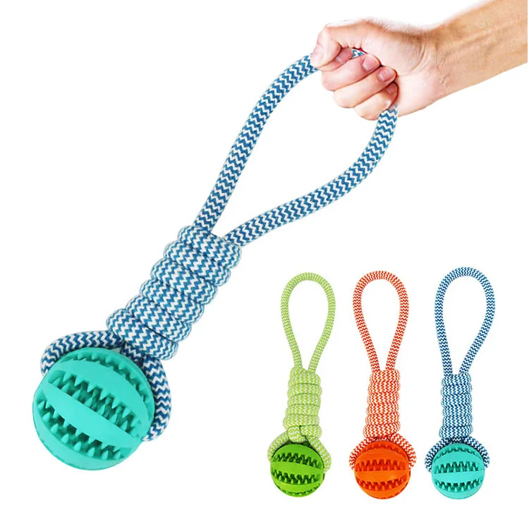 

Amazon Best Seller Food Treat Feeder Rubber Toy Ball Bite Resistant Teeth Cleaning Cotton Rope Chew Pet Dog Toy, Blue, green, orange