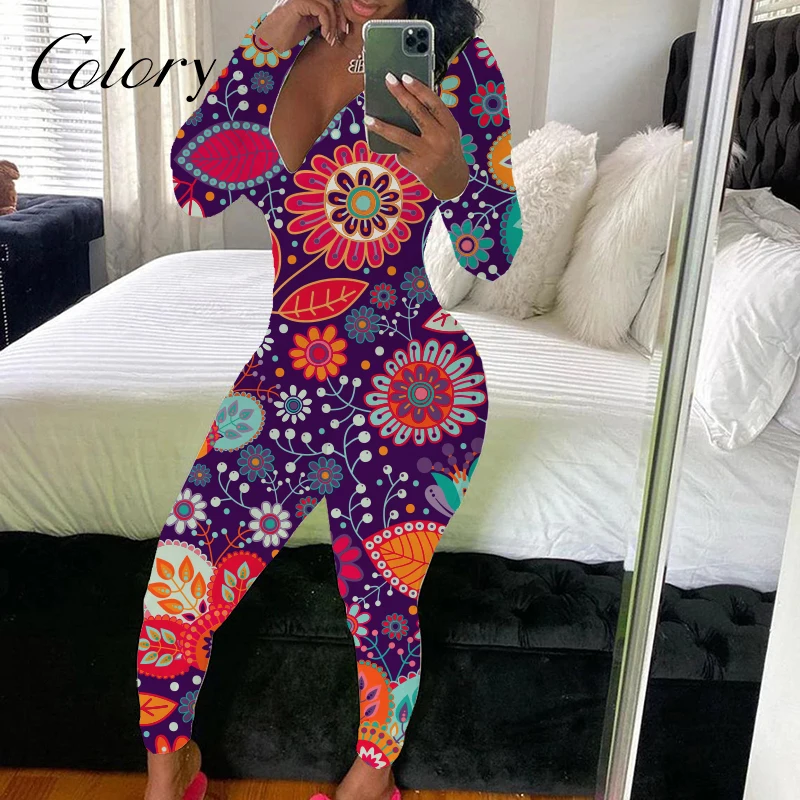 

Colory Jumpsuits Summer Flower Print Onesie For Women Sexy Hoilday Pajamas With Butt Flap, Picture shows