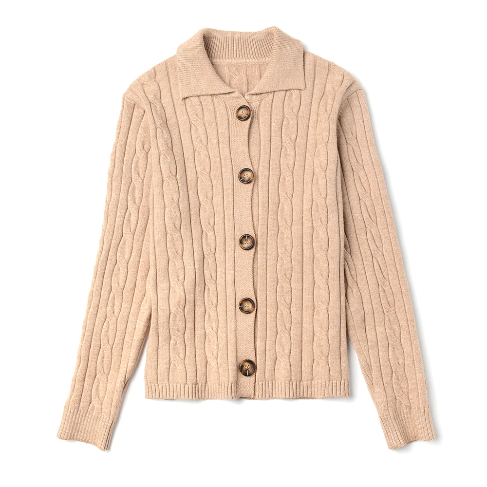 Fashionable Polo Neck Cable Knit Womens Knitted Sweater Cardigan