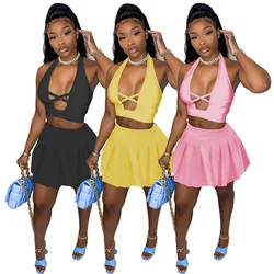 Solid Color Women Skirt Sets Two Piece Outfits Crop Top Skirt Set Woman Two Piece Skirt And Top Set