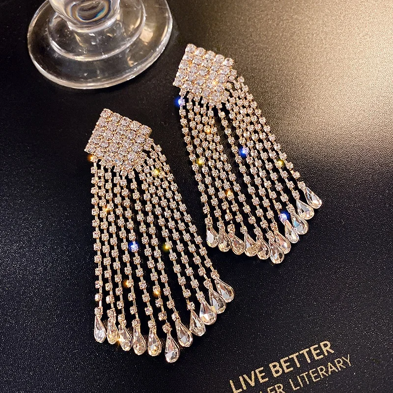 

Elegant Long Tassel Full Rhinestone Drop Earrings for Women Shiny Geometric Crystal Dangle Earrings Fashion Jewelry Gifts, Picture shows