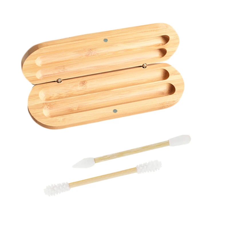 

safety bamboo silicone swabs reusable buds with magnet oval bamboo case, Customized