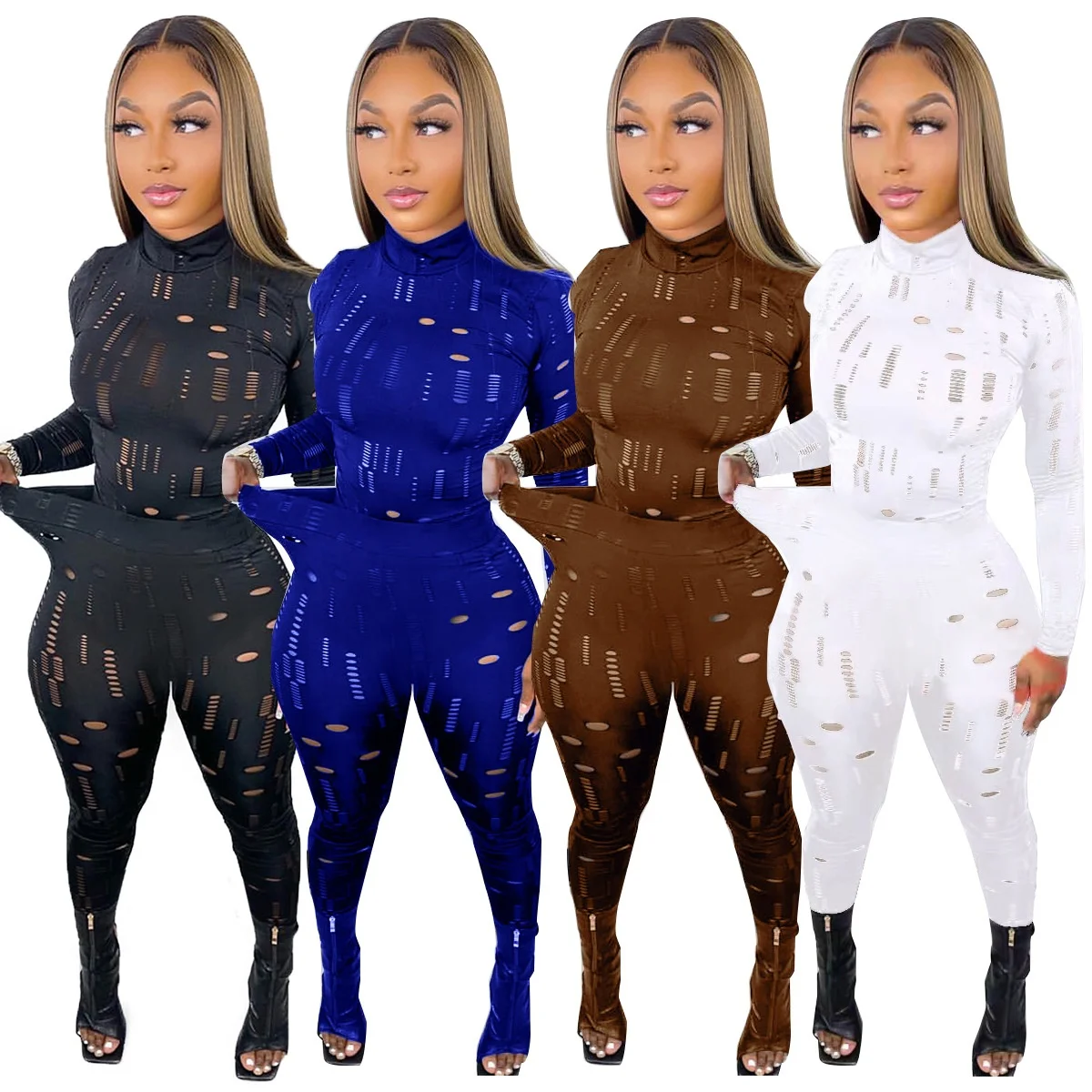 

2022 USA Hot Sale Breathable Two Piece Pants Set For Women Hollow Out Sexy Outfits Woman Long Sleeve Club Party Sets